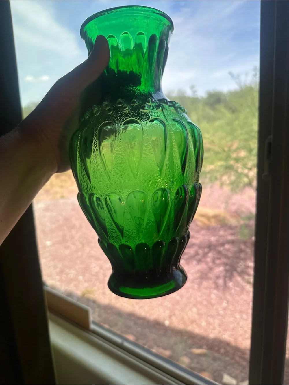 VTG Green Pressed Glass Beaded Vase 10 1/2” High